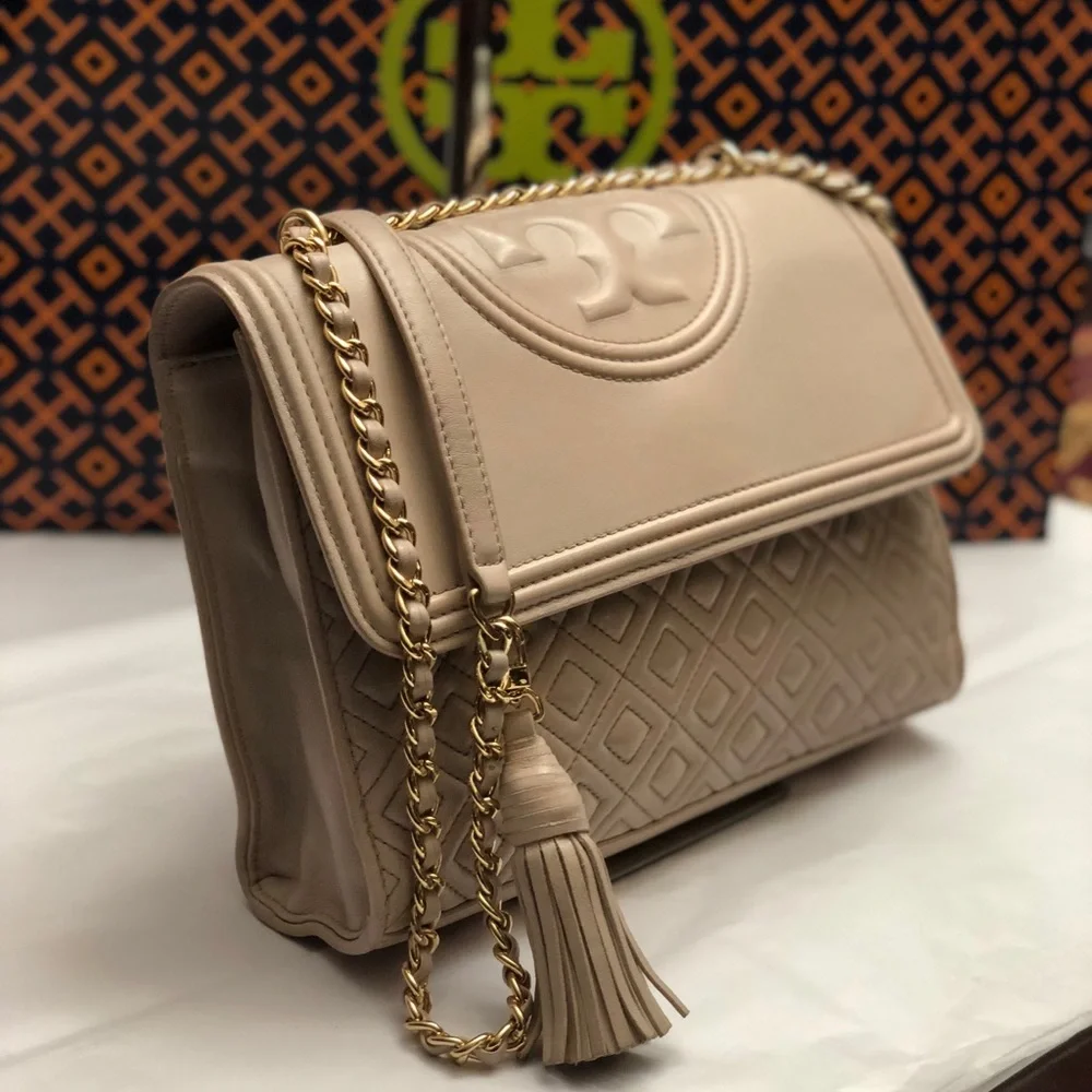 Tory Burch Soft Pink Quilted Leather Crossbody with Gold Chain